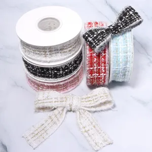 Tweed Ribbon Bow Gold Thread Plaid DIY Hair Bow Gift Wrapping Ribbon Craft Decor