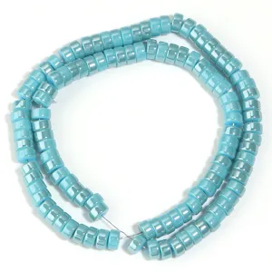 Light blue electroplated glass spacer beads, cylinder shape DIY jewelry making material.