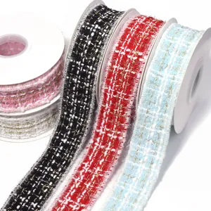 Tweed Style Plaid Ribbon Polyester Woven Trim With Metallic Thread Frayed Edge For DIY Hair Bows Gift Wrap Clothing Accessory