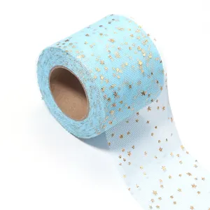 Light blue tulle roll with gold foil stars, perfect for DIY crafts, party and wedding dress decor.