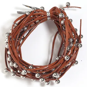 Brown patent leather cord with silver metal beads, punk style diy accessory chain for necklace or waist.