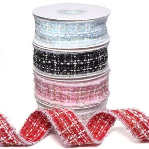 Polyester bouclé tweed ribbon with metallic gold thread, perfect for DIY crafts and gift wrapping.