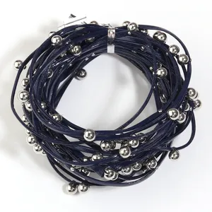Multi-strand dark blue leather cord necklace with silver metal beads for punk style.