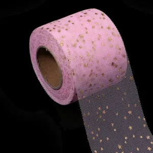 Pink tulle roll with gold stars, perfect for DIY hair clips, wedding dresses, and party decor.