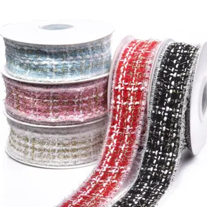 Polyester tweed plaid ribbon fabric trim for DIY hair bows gift box and floral wrapping