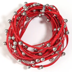 Red leather cord necklace with silver beads punk style choker accessory for women.