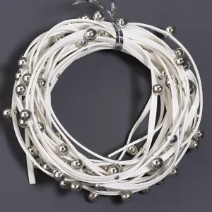 White leather cord detail with silver metal beads for punk style choker DIY design.