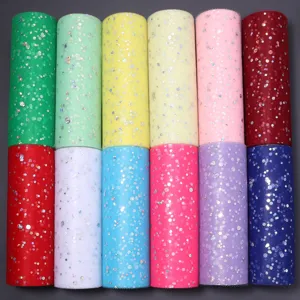 Colorful glitter tulle mesh rolls for DIY hair accessories, wedding dress party decor.