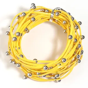 Punk yellow leather cord necklace with silver beads versatile waist chain accessory