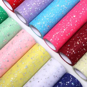 Colorful glitter tulle rolls for DIY crafts, wedding dresses, party decorations, and sewing.