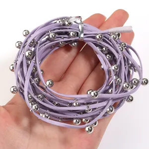 Purple leather cord necklace with silver metal beads punk style DIY jewelry accessory