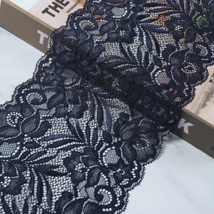 Polyester stretch lace wide trim fabric for cuffs, hems, collars, and DIY sewing craft projects.