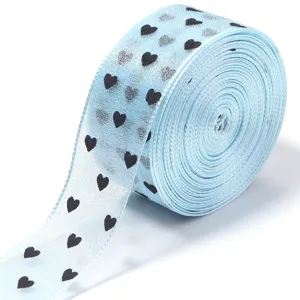 Nastro trasparente azzurro con cuori neri per confezioni regalo e fai da te decoro
