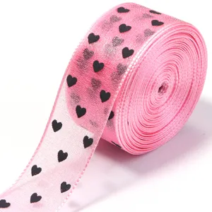 Nastro in organza rosa trasparente con cuori neri, ideale per fiocchi fai da te e decorazioni.