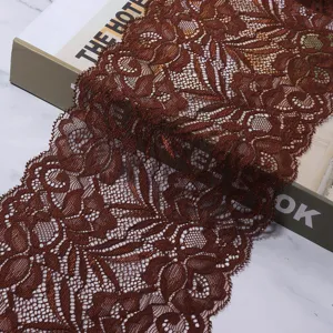 Brown elastic lace trim fabric detail, wide floral edging for dress cuffs, DIY sewing.