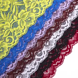 Close-up detail of colorful elastic lace trim fabric, delicate floral pattern for DIY sewing crafts.