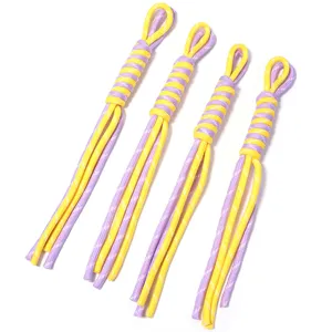 Handmade braided nylon keychain lanyards detail, yellow and purple color DIY bag charm.