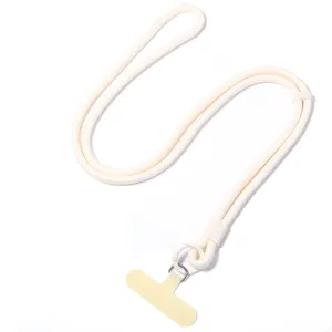 Laccetto per telefono beige intrecciato regolabile con linguetta, tracolla versatile.