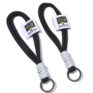 Durable black woven lanyard with metal ring and branded label for phone bag accessory