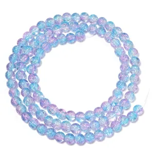 Detailed close-up of iridescent two-tone crackle glass round beads for DIY jewelry making.