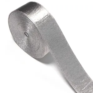 Silver shimmer fabric ribbon roll for gift wrapping, bow making, and sewing apparel crafts.