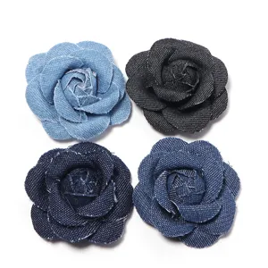 Four colors denim camellia flower brooch hair clip DIY accessory for apparel and bags.