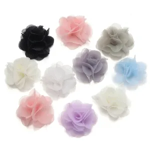 Chiffon flower detail shot, multi-color mesh fabric rose accessories for handmade DIY crafts.