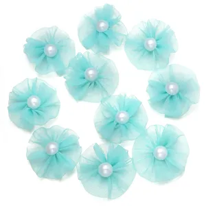 Hellblaue Tüll Netzblume Detail mit Perle in der Mitte für DIY Handwerk Zubehör.