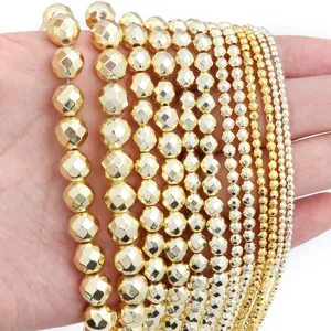 Gold faceted hematite gemstone beads detail shot for DIY jewelry making accessories