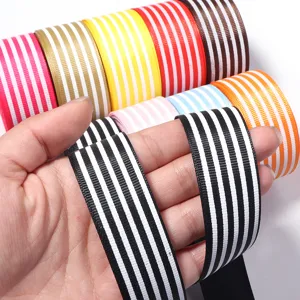 Detailed view of colorful striped grosgrain ribbon, perfect for DIY bows and gift wrapping.
