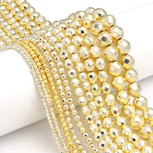 Hematite Faceted Soccer Surface Loose Beads Electroplated Gold Round Natural Stone Beads For DIY Bracelet Necklace Jewelry Making