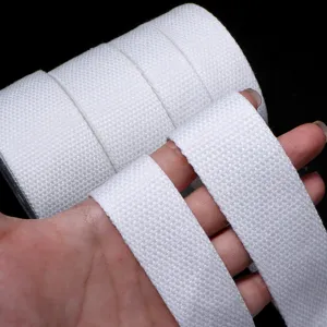 Close-up detail shot of thick white polyester-cotton webbing, showing clear textured weave.