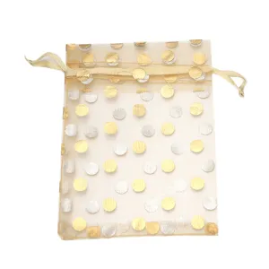 Busta con coulisse in organza trasparente a pois d oro e argento per gioielli regalo