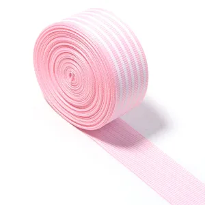 Pink and white striped grosgrain ribbon roll for DIY crafts, hair bows, and gift packaging.