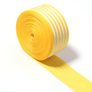 Yellow striped webbing ribbon detail close up for DIY bows, hair clips and garment sewing.
