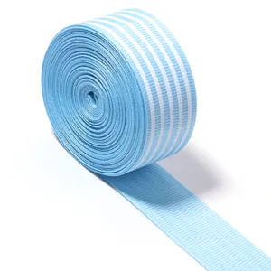 Light blue striped grosgrain ribbon for hair bows, gift wrapping, and DIY craft projects.