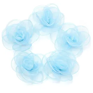 Hellblaue Mesh Kamelie Blumen DIY Zubehör für Haarklammern, Kleidung und Taschen, 5 Stk.