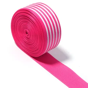 Pink striped ribbon roll with white parallel lines for DIY crafts, hair bows, and apparel sewing.