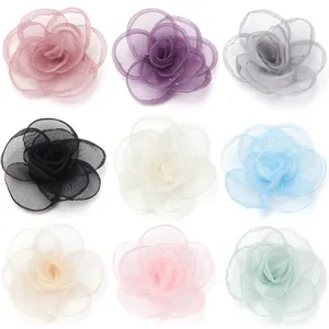 Netzblume Detailansicht, bunte Organza Kamelie DIY Zubehör für Haarklammern und Handwerk.
