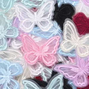 Colorful 3D double-layer embroidered lace butterfly patches for DIY clothing and crafts decoration.