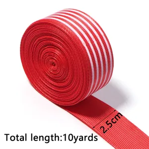 Red and white striped webbing ribbon roll for DIY crafts, hair bows, and gift wrapping.