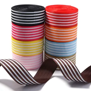 Colorful striped grosgrain ribbon rolls for DIY hair bows, gift packaging, and sewing crafts.
