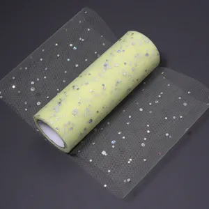 Light yellow tulle roll with glitter sequins for DIY wedding party craft dress decoration.
