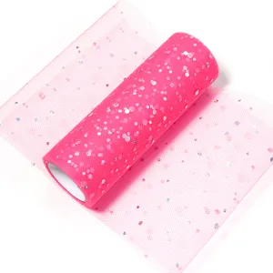 Pink tulle fabric roll with sparkling sequins for DIY crafts, party and wedding decor.