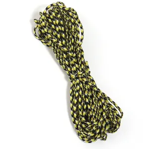 Corde tressee en polyester noir et jaune, ideale pour les loisirs creatifs et les accessoires.