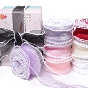 Fresh Sweet Gauze Ribbon With Artificial Pearl Edge Trim Elegant Solid Color Woven Ribbon For Bouquet Gift Box Decor Cake Baking Accessory