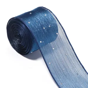 Blaues transparentes Netzband mit Strass für Blumenverpackung DIY Schleifen und Zubehör