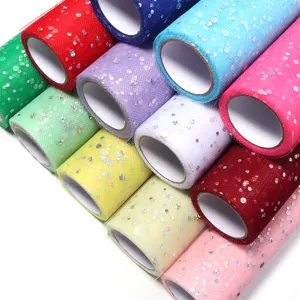 Multi-color glitter tulle rolls for DIY hair accessories, wedding dress decoration, and party crafts.