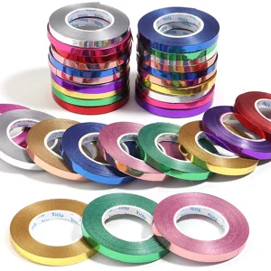 Colorful metallic holographic balloon ribbons and gift wrapping decorative tapes for party.