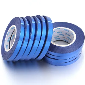 Shiny blue laser ribbon rolls for balloon binding, gift packaging, and party decoration use.